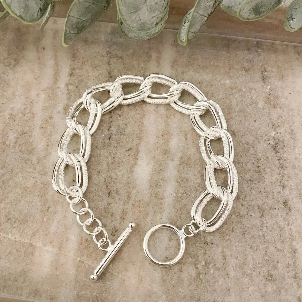 925 Sterling Silver Chunky Chain Link Toggle Bracelet Silver Statement Bracelet - Picture 3 of 8